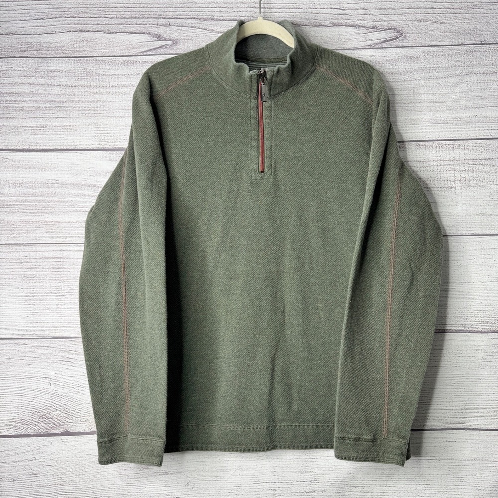 Tommy Bahama Sweater Size L‎ Olive Green Reversible 1/4 Zip Cotton Pullover